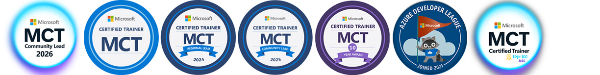 Rob's Microsoft credential badges: MCT Community Lead 2026, Microsoft Certified Trainer, MCT Regional Lead 2024, MCT Community Lead 2025, MCT 10 Year Award, Azure Developer League member since 2021, and MCT Top 100 2025
